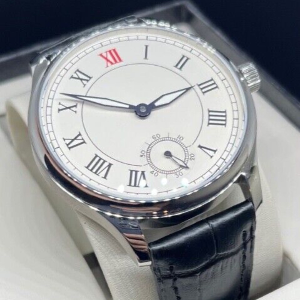 Parnis 44mm Sterile White Dial Black Leather Hand Winding 6498 Mechanical Watch